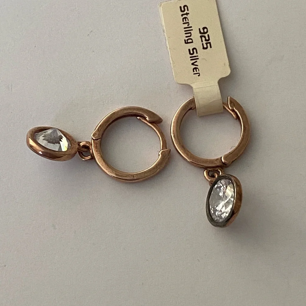 925 Silver round cz stone hoops earrings 14k rose gold plated
